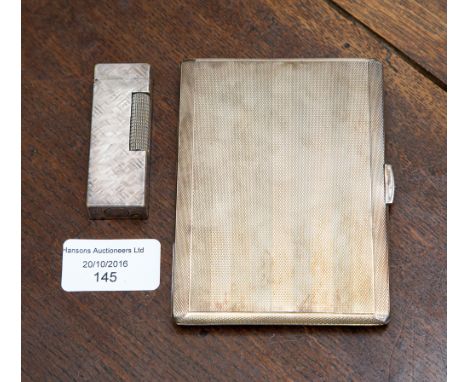 A silver cigarette case, SJR Birmingham 1964 hallmarks, 160 grams approx in original box with a Dunhill lighter (2) 
