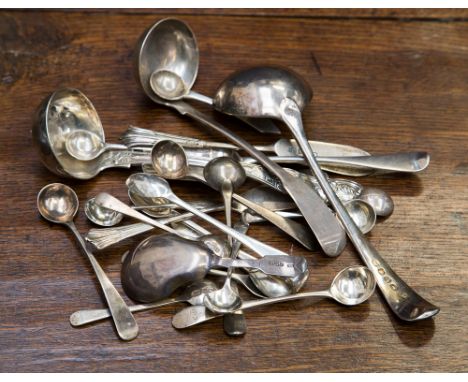 A George IV silver ladle, Edinburgh 1832; a Victorian Glasgow silver ladle, John Murray 1849; a George III silver ladle; asso