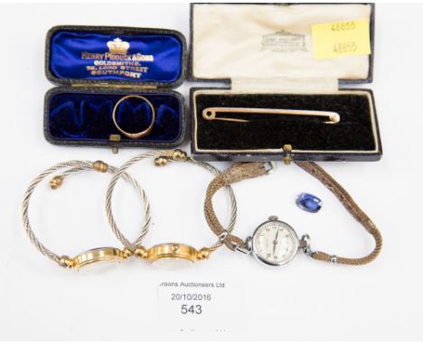 A Rotary wristwatch; two other watches; a 15ct gold and platinum bar brooch, approx 4.4g; a 22ct gold ring, approx 3.5g; and 