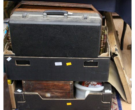 Two boxes of collectables containing: wooden tray; porcupine quill box; two suitcases; tapestry fire screen and boxed Corinth
