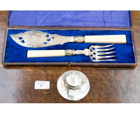 Early 20th Century silver ink well with fish knife and fork cased