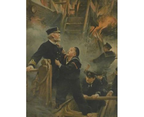 After George Lance Calkin (British, 1859-1936).  Burning of the Goliath, titled "No, my boy, I must be last; that's the way a