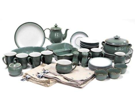 A Denby stoneware Regency Green pattern part dinner and tea service, comprising casserole dish and cover, twin division veget