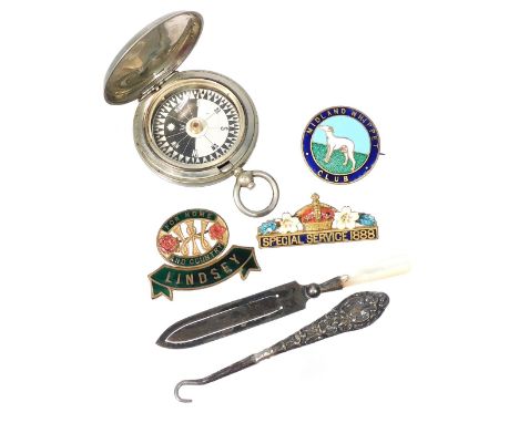 A WWI Dennison military issue pocket compass, Lindsey WI badge, Primrose League Special Service 1988 bar badge, silver handle