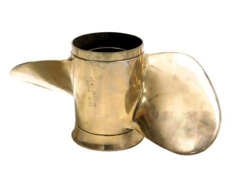 A vintage brass propeller, and shaft, the shaft numbered 48-3145, 35cm wide.