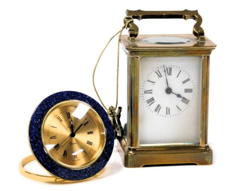 A brass carriage clock, rectangular dial bearing Roman numerals, single barrel movement, the case of conventional form, with 