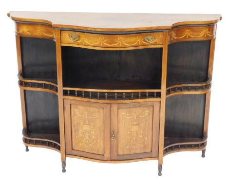 A late Victorian rosewood and inlaid serpentine cabinet, with a frieze drawer over a central galleried shelf flanked by two s