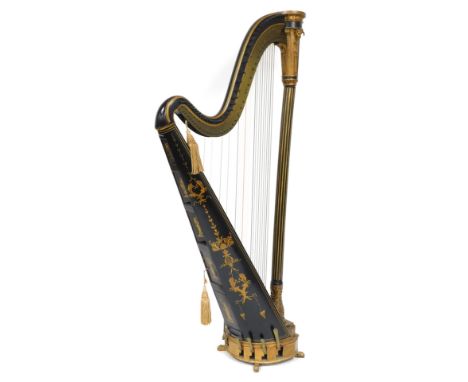 A Regency harp, by J Erat and Sons, makers, Wardour Street London, number 1185, the frame moulded with rams heads caryatids a