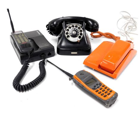 A vintage black dial telephone, no. 213212, GC orange Contempra slim line dial telephone, Panasonic Vodafone telephone and an
