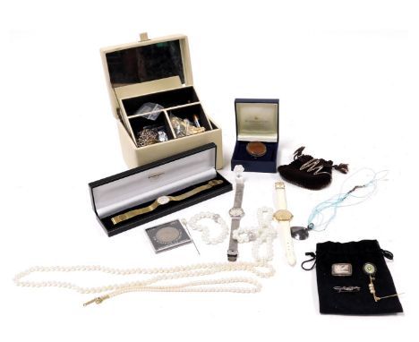 Silver and costume jewellery, including a silver horseshoe and riding crop brooch, Skagen dress wristwatches, shell pendant, 