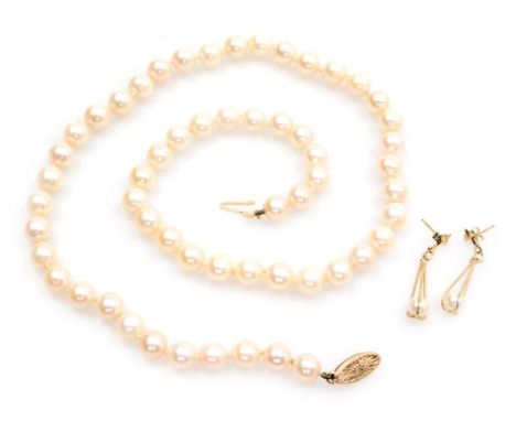 A string of cultured pearls, of uniform size, on a clasp stamped 14k, together with a pair of 9ct gold and cultured pearl dro