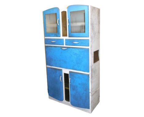A vintage mid century larder cupboard, in turquoise blue and white, with a pair of perspex fronted doors, over two drawers, a