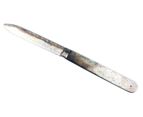 A George III silver and mother of pearl bound folding pocket knife, the blade engraved to E Cantelo, Octr 24th 1820, cased, S