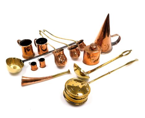 A group of Victorian and later copper and brass ware, including three spirit measures, for Brandy Whisky and Rum, a Joseph Sa