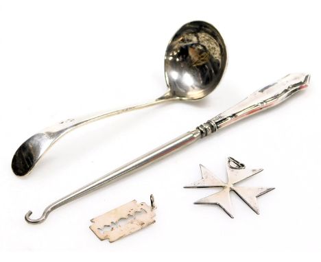 A George V silver cream ladle, Sheffield 1910, George V silver handled button hook, Sheffield 1919, Maltese Cross pendant, wh