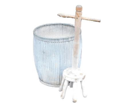 A vintage galvanized metal dolly tub, 51cm high, and an oak posser, 81cm high.  (2)