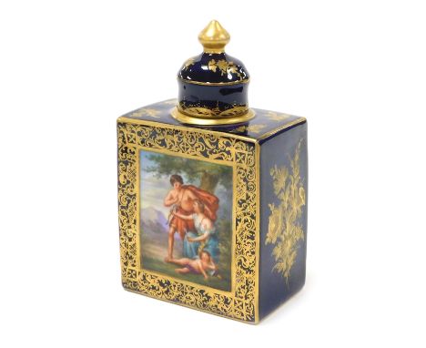 A 19thC Vienna porcelain tea caddy and cover, of rectangular section, painted with reserves of classical figures, on a cobalt
