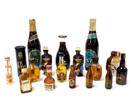 Miniature liqueurs and spirits, including John Haig Dimple Scotch Whisky, Croft Original Sherry, Harp lager together with two