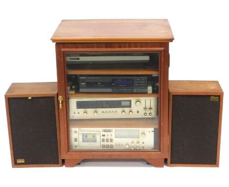 A later 20thC teak hi fi cabinet, containing a Garrard GT-35P turntable Realistic QTA-753 four channel stereo max receiver, M