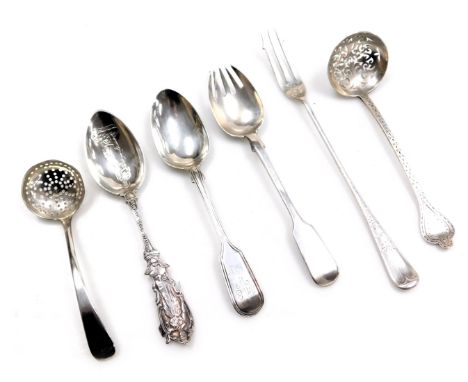 A Victorian silver sugar sifting spoon, with engraved decoration, further sifting spoon, Victorian silver meat fork, toasting