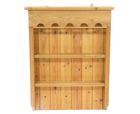 A Victorian narrow pine hanging wall shelf, with two shelves 88m high, 68.5cm wide, 14cm deep.