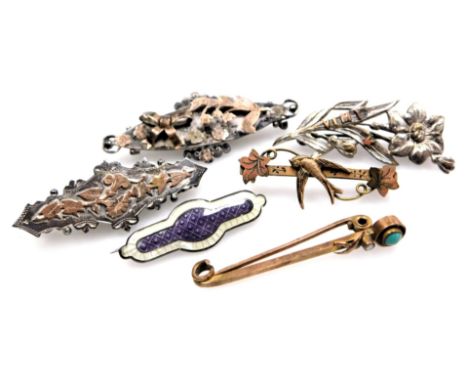 A group of Victorian and later gold and silver brooches, including a 9ct gold brooch set with a turquoise and seed pearl, sil