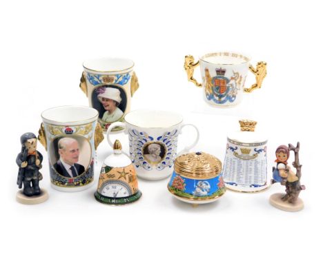 Two Hummel figures, modelled as Apple Tree Girl and Chimney Sweep, Paragon commemorative loving cup for the Golden Jubilee of