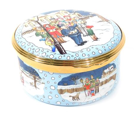 A Halcyon Days enamel Christmas musical box, playing Silent Night, boxed with certificate.