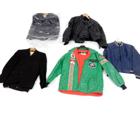 Vintage clothing, comprising two Burtons suits, a leisure wear green jacket, with labels for Dunlop, Vauxhall, Marlboro, and 