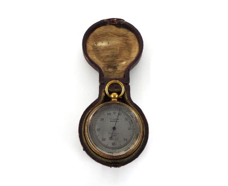 Short &amp; Mason gilt metal cased pocket barometer, 2" diameter, within the original Morocco leather case
