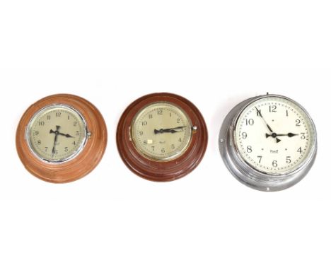 Mercer marine case style 8" electric wall dial slave clock within a chrome surround; also two similar Mercer 6" wall dial ele