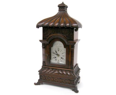 Mahogany two train mantel clock, the 3.75" silvered arched dial signed Richard Lewis, Wincanton, the Japy Freres movement str