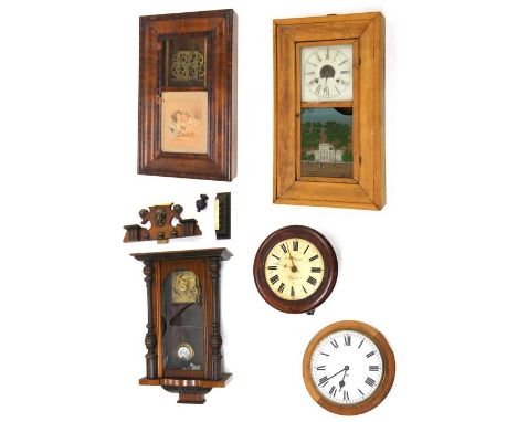 Two American two train ogee wall clocks, small Vienna style wall clock, postman's alarm clock and a 12" wall dial clock withi