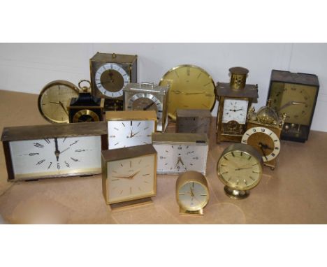 Fifteen various contemporary small mantel clocks, mainly within gilt metal cases, by Angelus, Bulova, Jaeger, Imhof and other