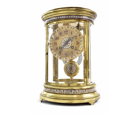 Good French oval four glass brass and cloisonne banded two train mantel clock, the S. Marti movement striking on a gong, the 