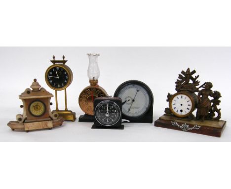 Brass gravity clock with 3.25" glass dial, within a drumhead casing and upon a ratchet stand, 10.25" high; also five other va