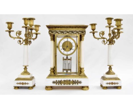 French four glass white marble and ormolu mounted two train mantel clock garniture, the movement with outside countwheel stri