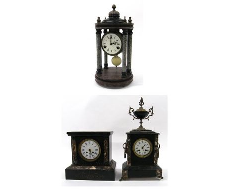 French coloured marble two train portico mantel clock striking on a bell, 15" high; also two French black slate and grey marb