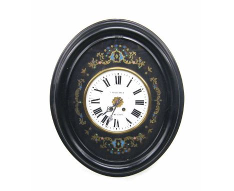 French ebonised vineyard clock, the 9.5" cream dial signed Sarton, Toulon, within a foliate and coloured enamel floral mask s