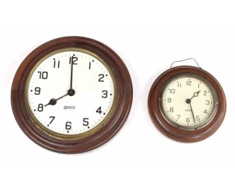 Gents of Leicester 10" wall dial electric slave clock, within a turned mahogany surround; also a 6" Gents of Leicester wall d