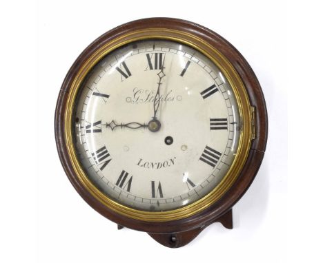 Mahogany single fusee verge 8" convex silvered dial wall clock signed G. Staples, London, within a turned surround (pendulum 