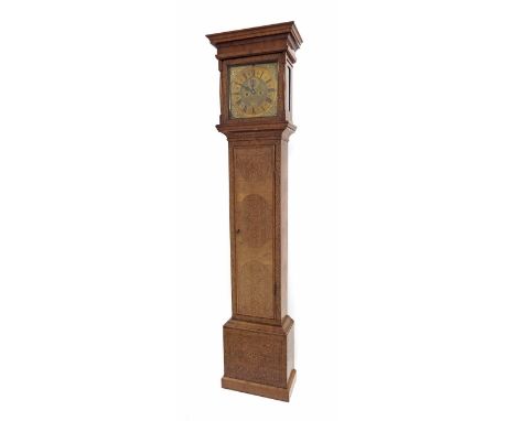 Fine English walnut and seaweed marquetry eight day longcase clock, the 12" square brass dial signed John Crucefix, London on