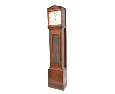 Oak regulator longcase clock with Thwaites movement, the 12.25" square painted dial with principal four hour dial enclosing s