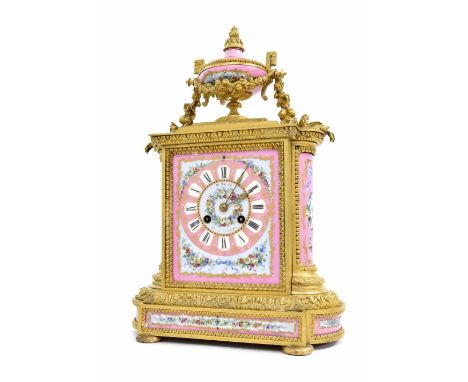 Good French ormolu and porcelain panelled two train mantel clock, the movement back plate signed W. Batty, Manchester &amp; P