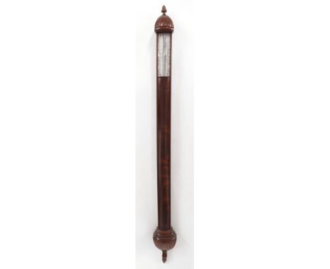 20th century Regency style mahogany bowfront stick barometer, the silvered scale over a framed mahogany trunk to the gadroone