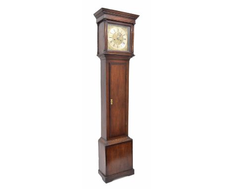 Oak and mahogany crossbanded eight day longcase clock, the 12.25" square brass dial signed Walter Archer, Stow on ye Would on