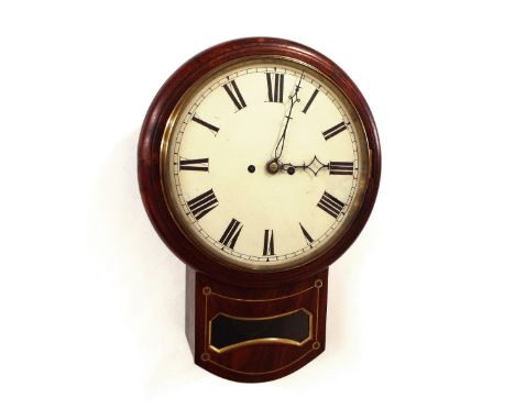 Mahogany double fusee 12" drop dial wall clock, within a turned surround over the drop with shaped pendulum window and inlaid