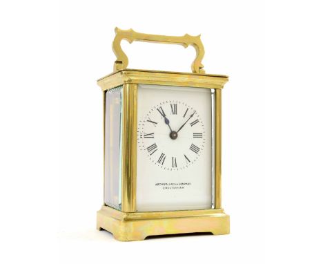 French carriage clock timepiece, the dial signed Arthur Jack &amp; Co, Cheltenham, within a corniche brass case, 5.75" high, 