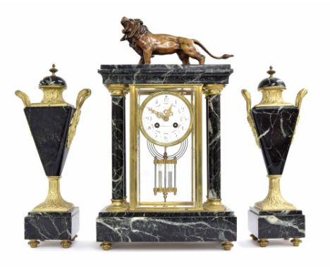 French black and green veined marble two train four glass portico mantel clock garniture, the floral white painted enamel dia