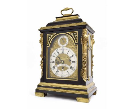 Good English ebonised and ormolu mounted triple fusee verge bracket clock, the 7" brass arched dial signed William Threlkeld,